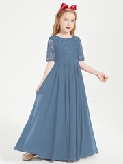 Lace Top Half Sleeved Junior Bridesmaids Dresses Slate Blue