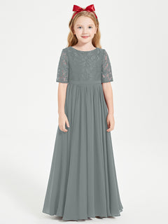 Lace Top Half Sleeved Junior Bridesmaids Dresses Steel Grey