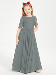 Lace Top Half Sleeved Junior Bridesmaids Dresses Steel Grey