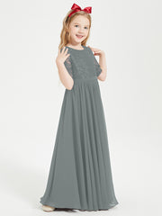 Lace Top Half Sleeved Junior Bridesmaids Dresses Steel Grey