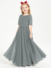 Lace Top Half Sleeved Junior Bridesmaids Dresses Steel Grey
