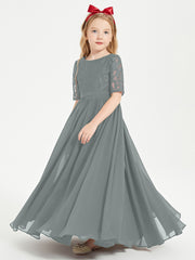 Lace Top Half Sleeved Junior Bridesmaids Dresses Steel Grey