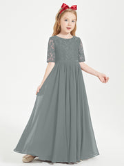 Lace Top Half Sleeved Junior Bridesmaids Dresses Steel Grey