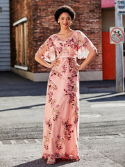 Half Sleeve V-neck Flower Appliqued Dress As Picture