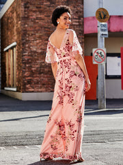 Half Sleeve V-neck Flower Appliqued Dress As Picture