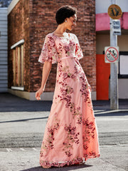 Half Sleeve V-neck Flower Appliqued Dress As Picture