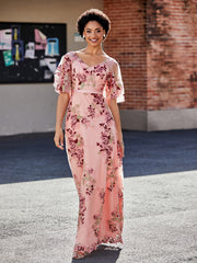 Half Sleeve V-neck Flower Appliqued Dress As Picture