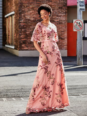 Half Sleeve V-neck Flower Appliqued Dress As Picture