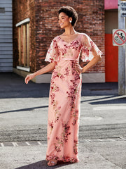 Half Sleeve V-neck Flower Appliqued Dress As Picture