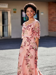 Half Sleeve V-neck Flower Appliqued Dress As Picture