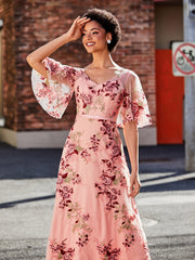 Half Sleeve V-neck Flower Appliqued Dress As Picture