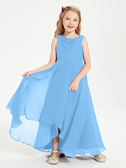 Modern Asymmetrical Cowl Neck Junior Bridesmaid Dresses Blue