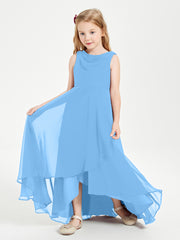 Modern Asymmetrical Cowl Neck Junior Bridesmaid Dresses Blue