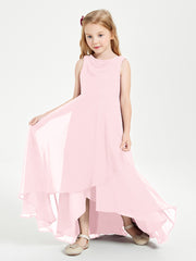 Modern Asymmetrical Cowl Neck Junior Bridesmaid Dresses Blushing Pink