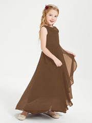 Modern Asymmetrical Cowl Neck Junior Bridesmaid Dresses Brown