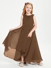 Modern Asymmetrical Cowl Neck Junior Bridesmaid Dresses Brown