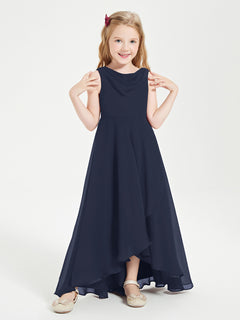 Modern Asymmetrical Cowl Neck Junior Bridesmaid Dresses Dark Navy