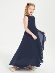 Modern Asymmetrical Cowl Neck Junior Bridesmaid Dresses Dark Navy