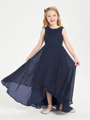 Modern Asymmetrical Cowl Neck Junior Bridesmaid Dresses Dark Navy