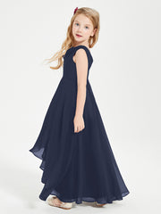 Modern Asymmetrical Cowl Neck Junior Bridesmaid Dresses Dark Navy