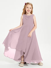 Modern Asymmetrical Cowl Neck Junior Bridesmaid Dresses Dusk