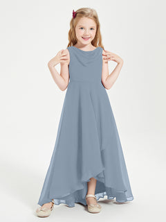 Modern Asymmetrical Cowl Neck Junior Bridesmaid Dresses Dusty Blue