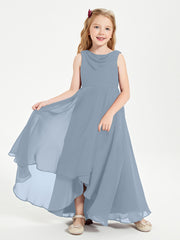 Modern Asymmetrical Cowl Neck Junior Bridesmaid Dresses Dusty Blue