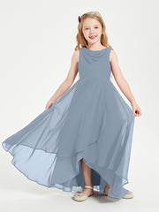 Modern Asymmetrical Cowl Neck Junior Bridesmaid Dresses Dusty Blue