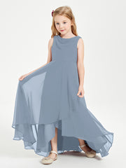 Modern Asymmetrical Cowl Neck Junior Bridesmaid Dresses Dusty Blue