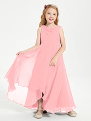 Modern Asymmetrical Cowl Neck Junior Bridesmaid Dresses Flamingo
