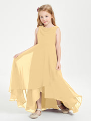 Modern Asymmetrical Cowl Neck Junior Bridesmaid Dresses Gold