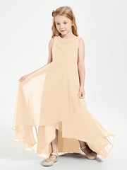 Modern Asymmetrical Cowl Neck Junior Bridesmaid Dresses Peach