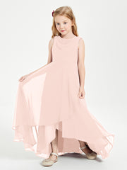 Modern Asymmetrical Cowl Neck Junior Bridesmaid Dresses Pearl Pink