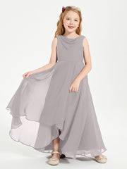 Modern Asymmetrical Cowl Neck Junior Bridesmaid Dresses Silver