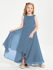 Modern Asymmetrical Cowl Neck Junior Bridesmaid Dresses Slate Blue