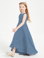 Modern Asymmetrical Cowl Neck Junior Bridesmaid Dresses Slate Blue