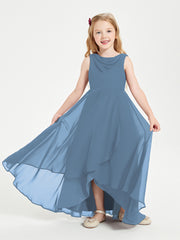 Modern Asymmetrical Cowl Neck Junior Bridesmaid Dresses Slate Blue