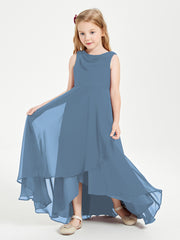 Modern Asymmetrical Cowl Neck Junior Bridesmaid Dresses Slate Blue