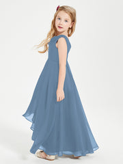 Modern Asymmetrical Cowl Neck Junior Bridesmaid Dresses Slate Blue