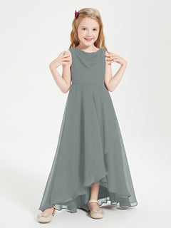 Modern Asymmetrical Cowl Neck Junior Bridesmaid Dresses Steel Grey