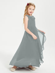 Modern Asymmetrical Cowl Neck Junior Bridesmaid Dresses Steel Grey