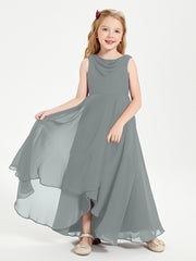 Modern Asymmetrical Cowl Neck Junior Bridesmaid Dresses Steel Grey