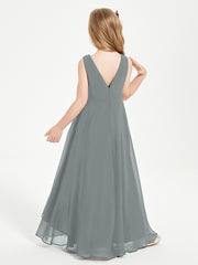 Modern Asymmetrical Cowl Neck Junior Bridesmaid Dresses Steel Grey
