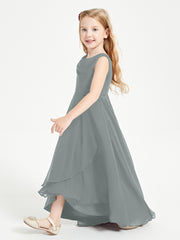 Modern Asymmetrical Cowl Neck Junior Bridesmaid Dresses Steel Grey
