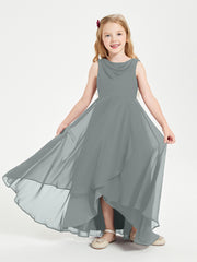 Modern Asymmetrical Cowl Neck Junior Bridesmaid Dresses Steel Grey
