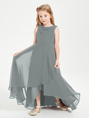 Modern Asymmetrical Cowl Neck Junior Bridesmaid Dresses Steel Grey
