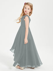 Modern Asymmetrical Cowl Neck Junior Bridesmaid Dresses Steel Grey