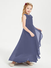 Modern Asymmetrical Cowl Neck Junior Bridesmaid Dresses Stormy