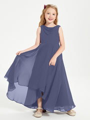 Modern Asymmetrical Cowl Neck Junior Bridesmaid Dresses Stormy