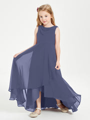 Modern Asymmetrical Cowl Neck Junior Bridesmaid Dresses Stormy